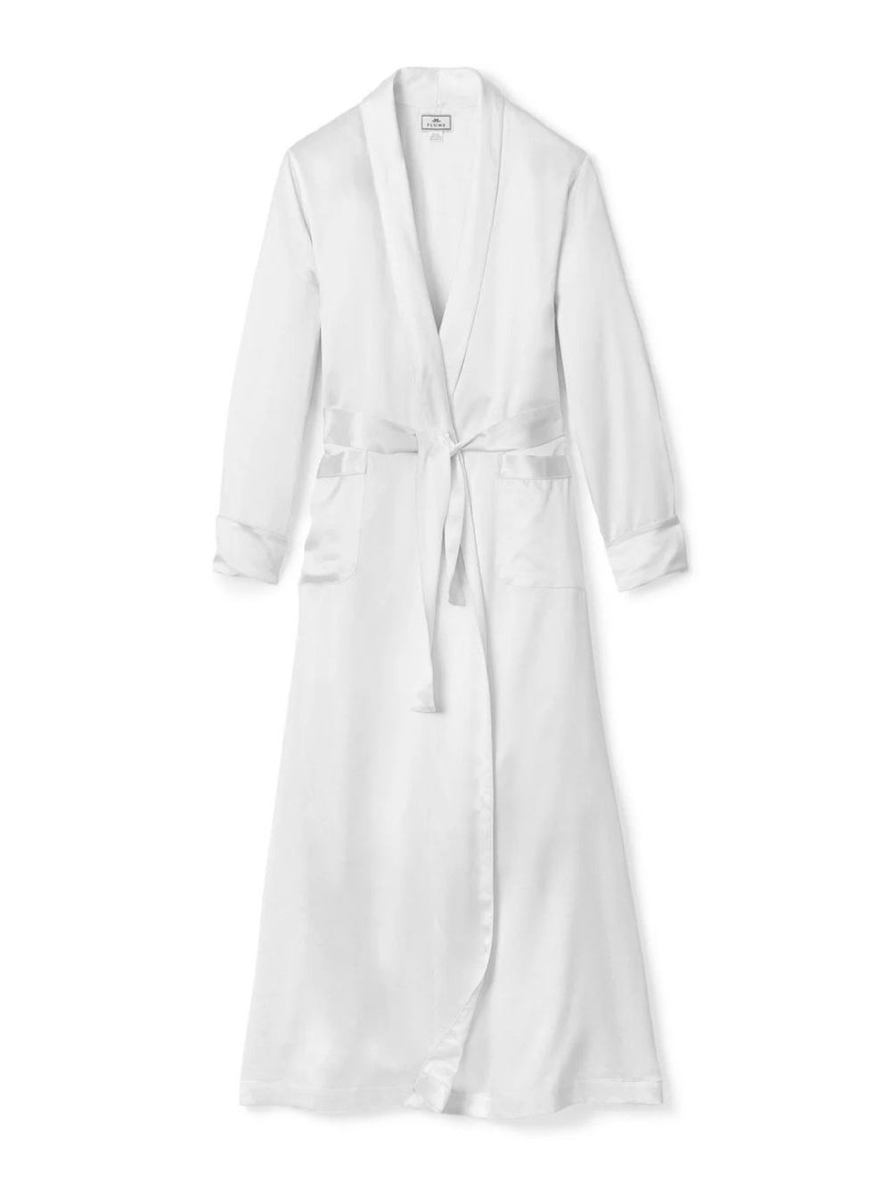 Classic White Satin Long Robe with Shawl Collar and Tie